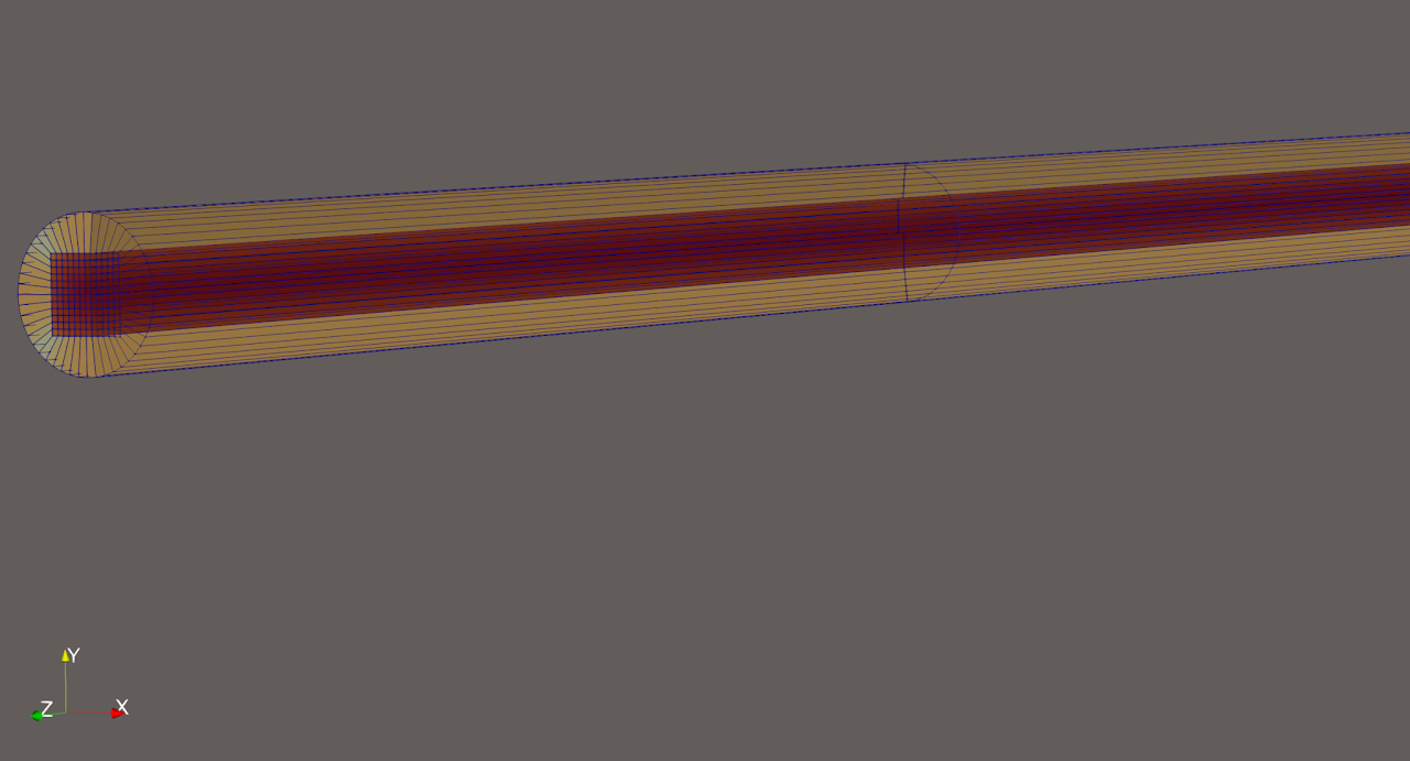 Figure 8: The hex mesh used for turbulent flow computations (mid plane cut section)