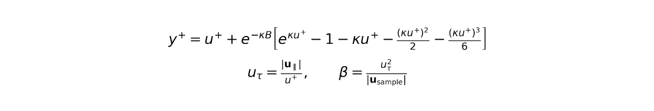 Spalding relation used to obtain friction velocity and the weak wall coefficient